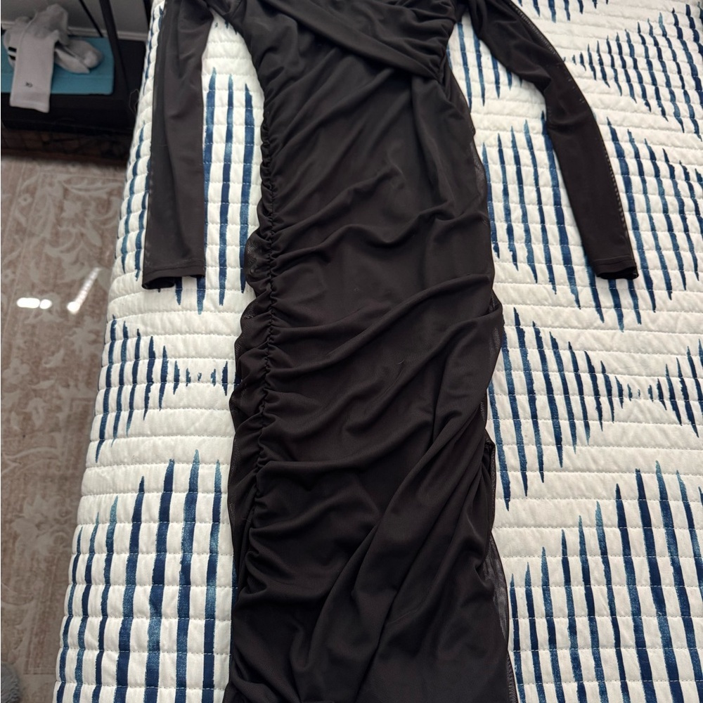 Black Midi Ruched Bodycon Dress
